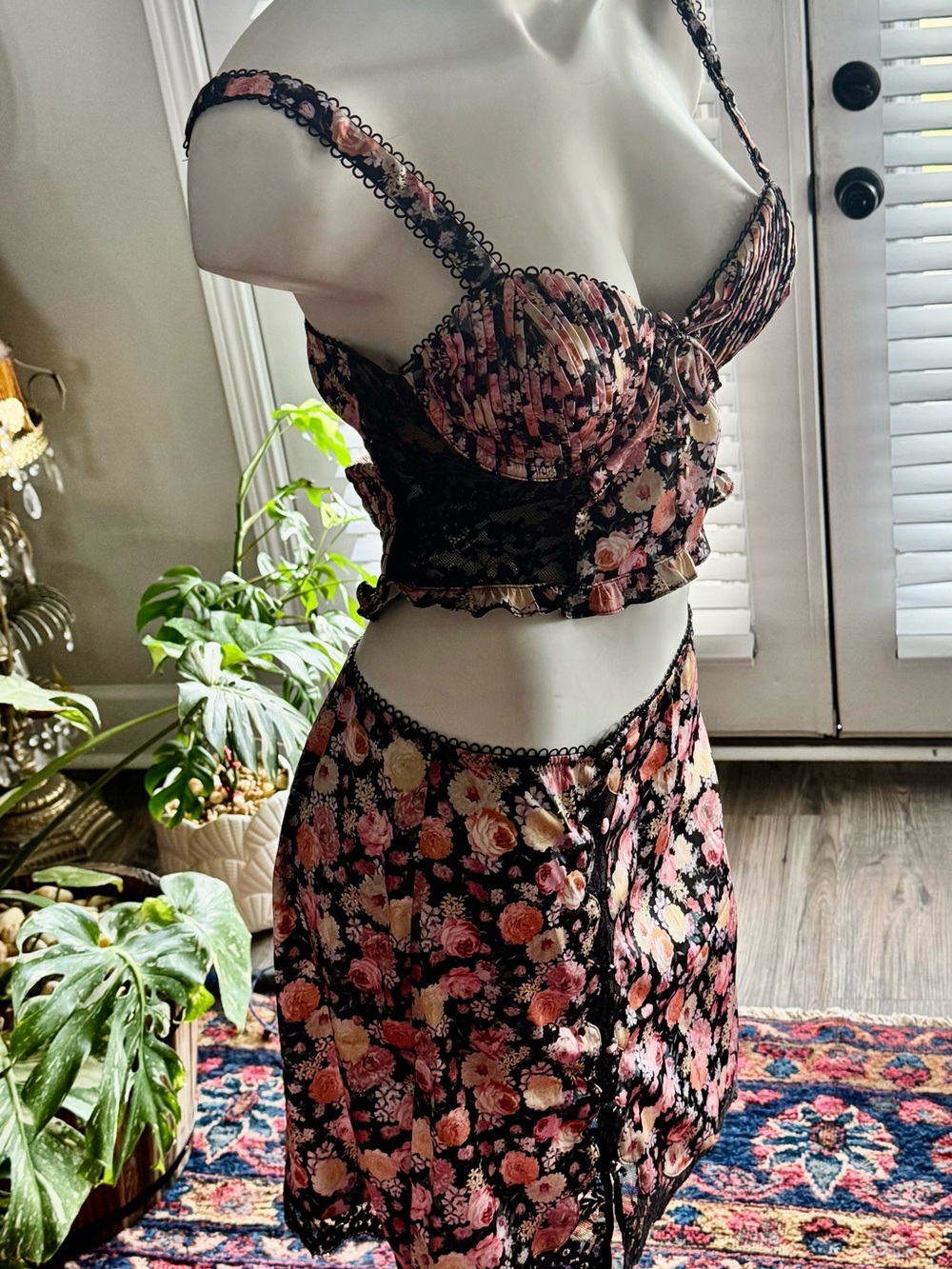 For Love And Lemons Black Bustier & Skirt Set with Pink Floral Print